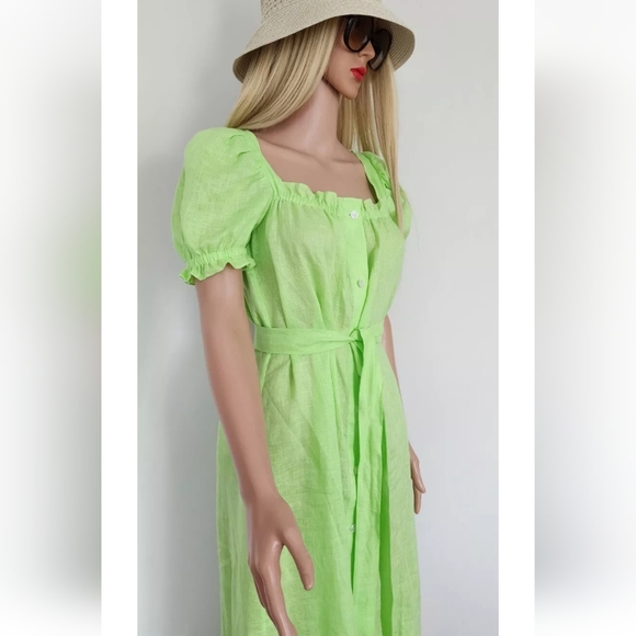 SLEEPER DRESS BRIGETTE GREEN LINEN BELT PUFF SLEEVES MIDI  SMALL - Picture 8 of 16